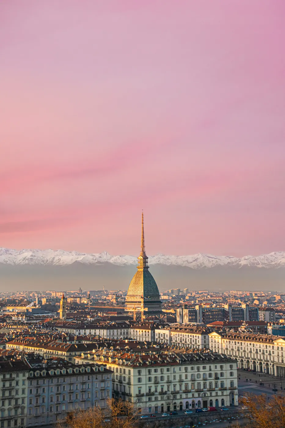 La Mole Antonelliana sopra i tetti di Torino, con le Alpi innevate e un cielo rosa