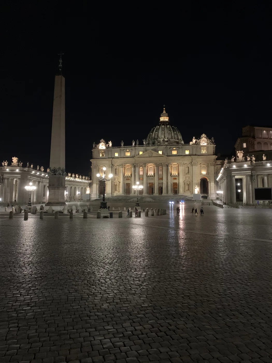 La basilica di San Pietro e l'obelisco illuminati di notte, riflessi nella piazza bagnata