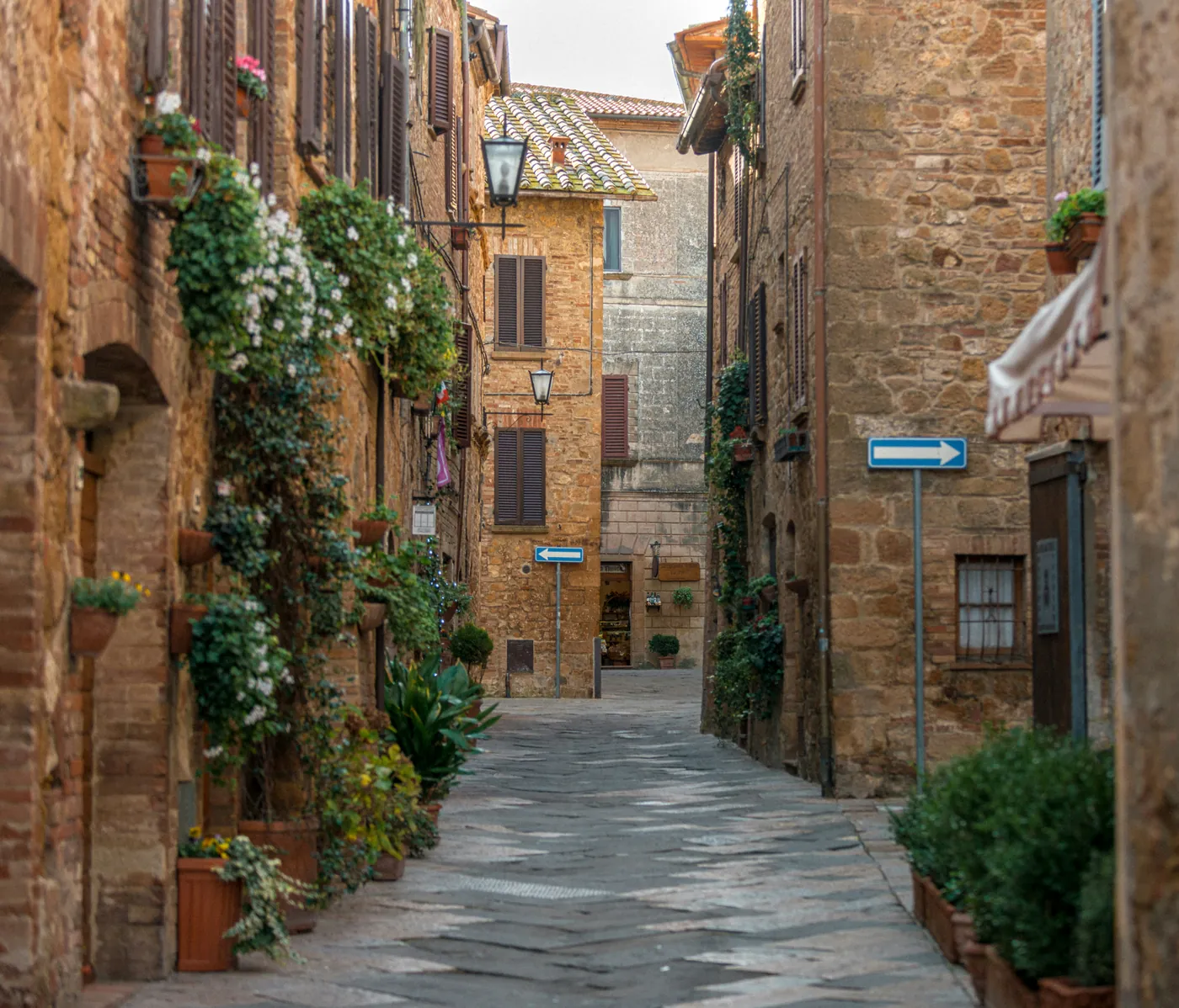 Un vicolo di pietra in un borgo toscano, con vasi di fiori e rampicanti sulle facciate
