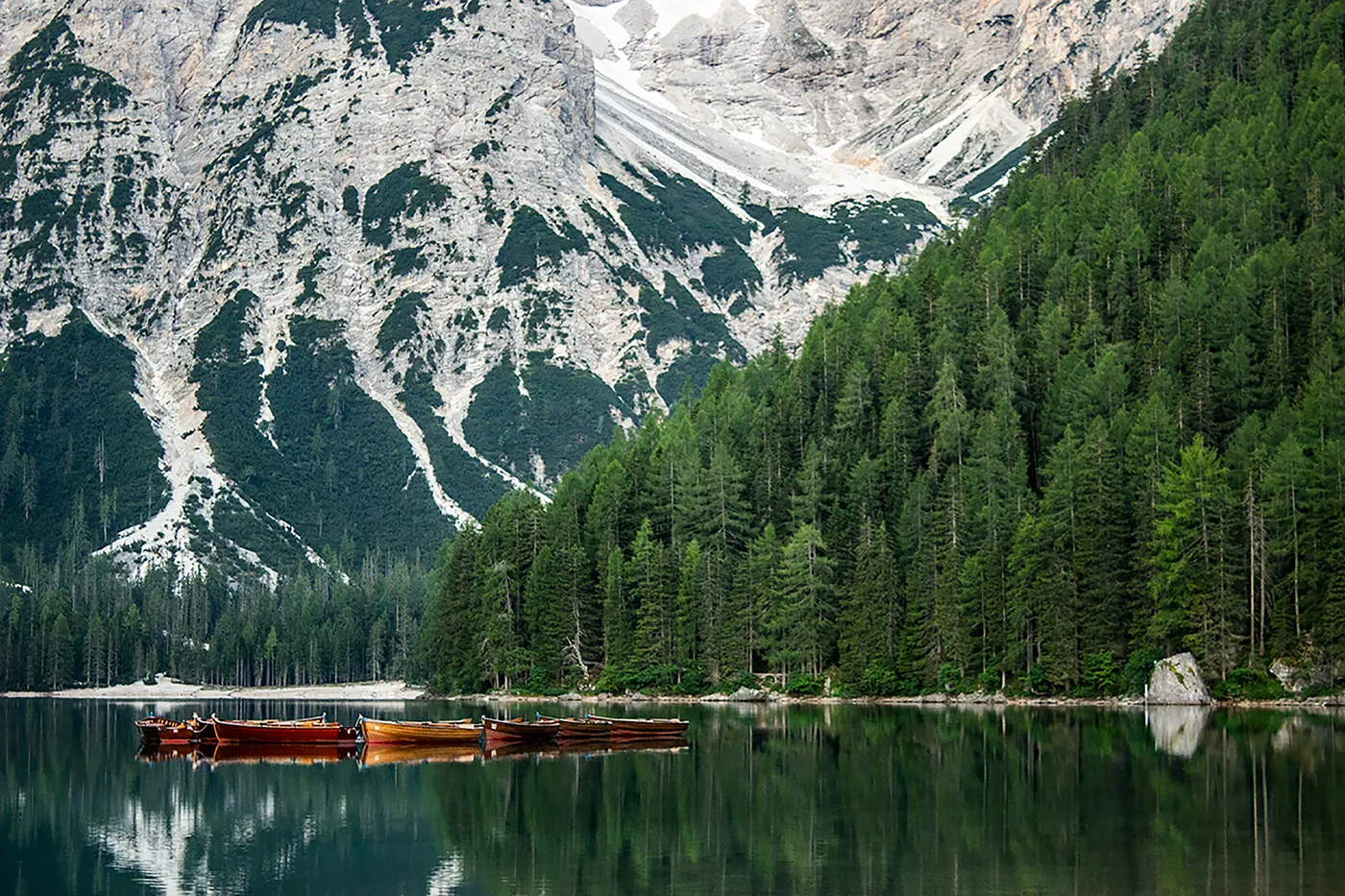 Barche di legno ormeggiate sul lago di Braies, con gli abeti e la parete rocciosa alle spalle