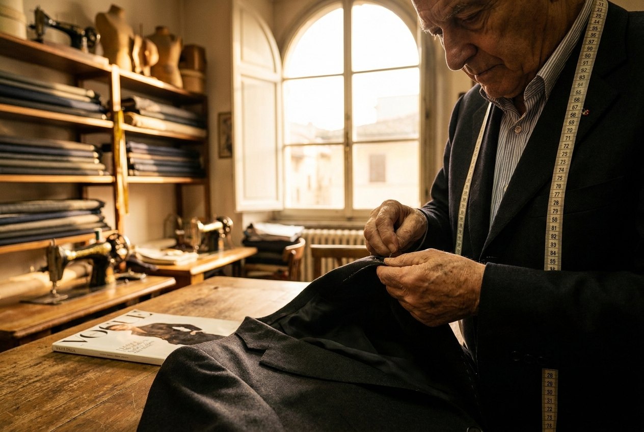 Maestro sarto italiano al lavoro in una sartoria artigianale