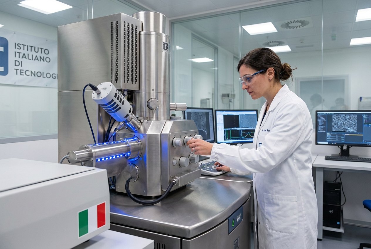 Ricercatrice al microscopio elettronico in un laboratorio di ricerca italiano
